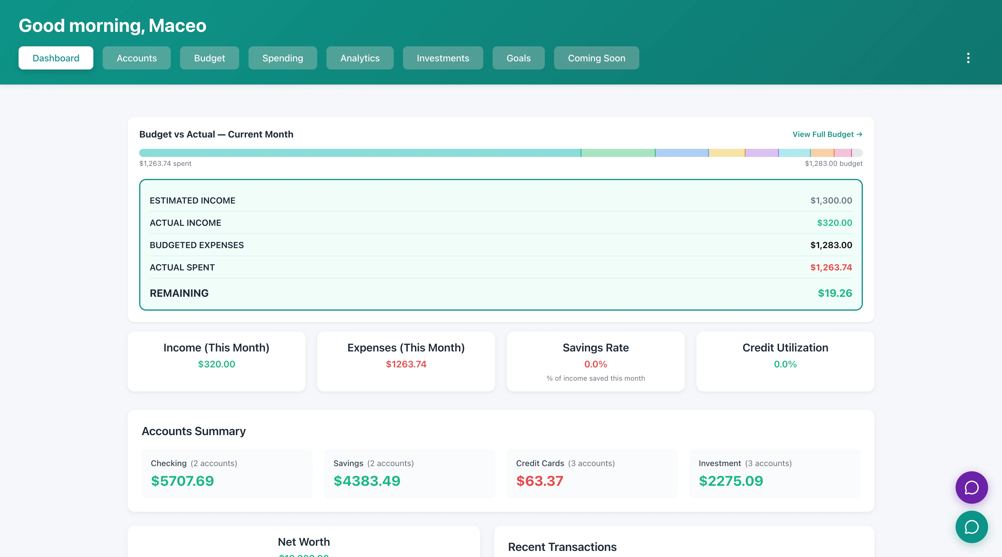Kove dashboard showing a complete financial overview with account balances and spending