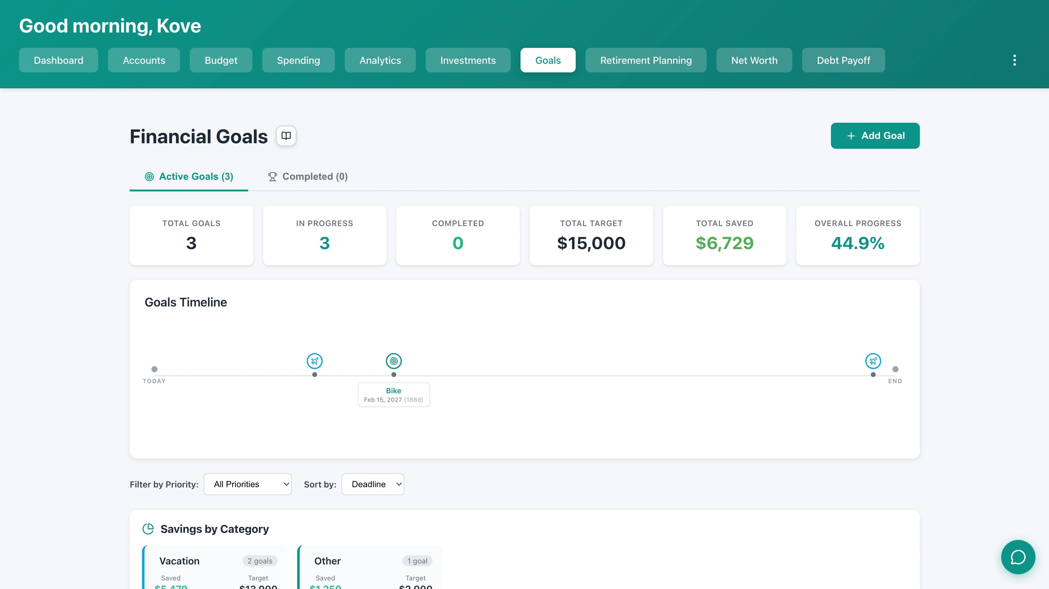 Kove goals page showing all savings goals and progress