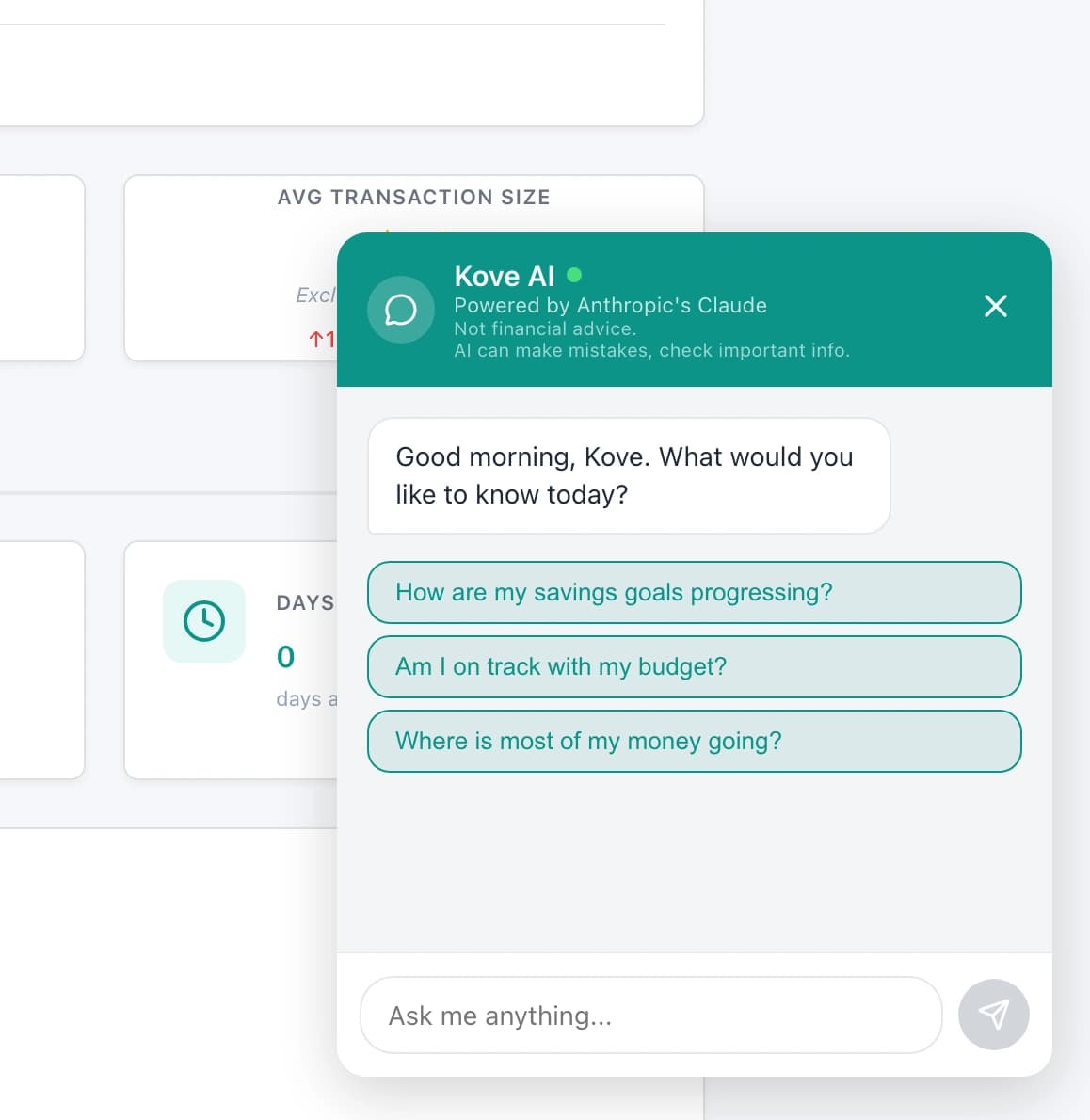 KoveAI assistant interface helping a user understand their finances