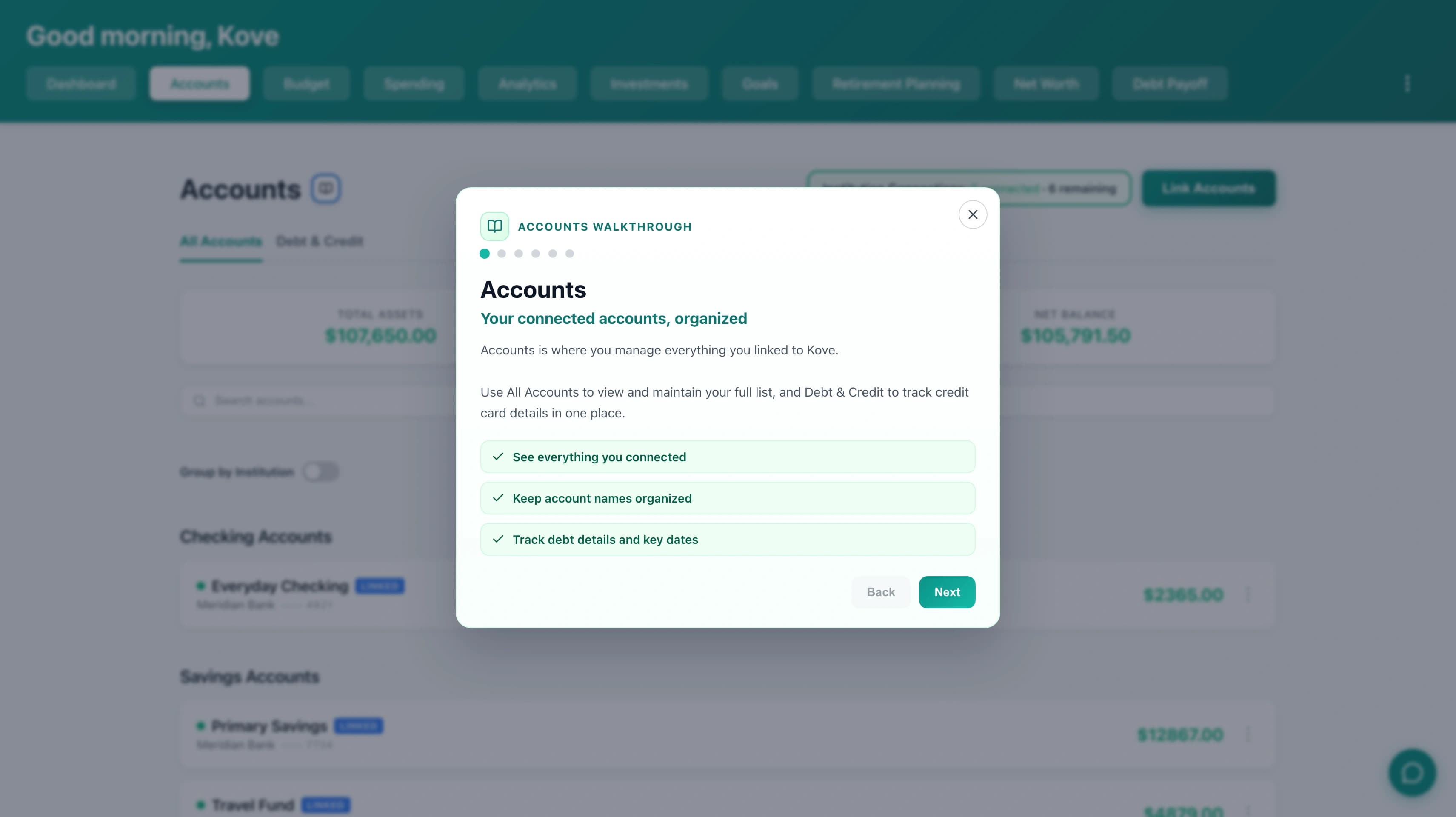 Kove page walkthrough feature explaining the dashboard layout and controls