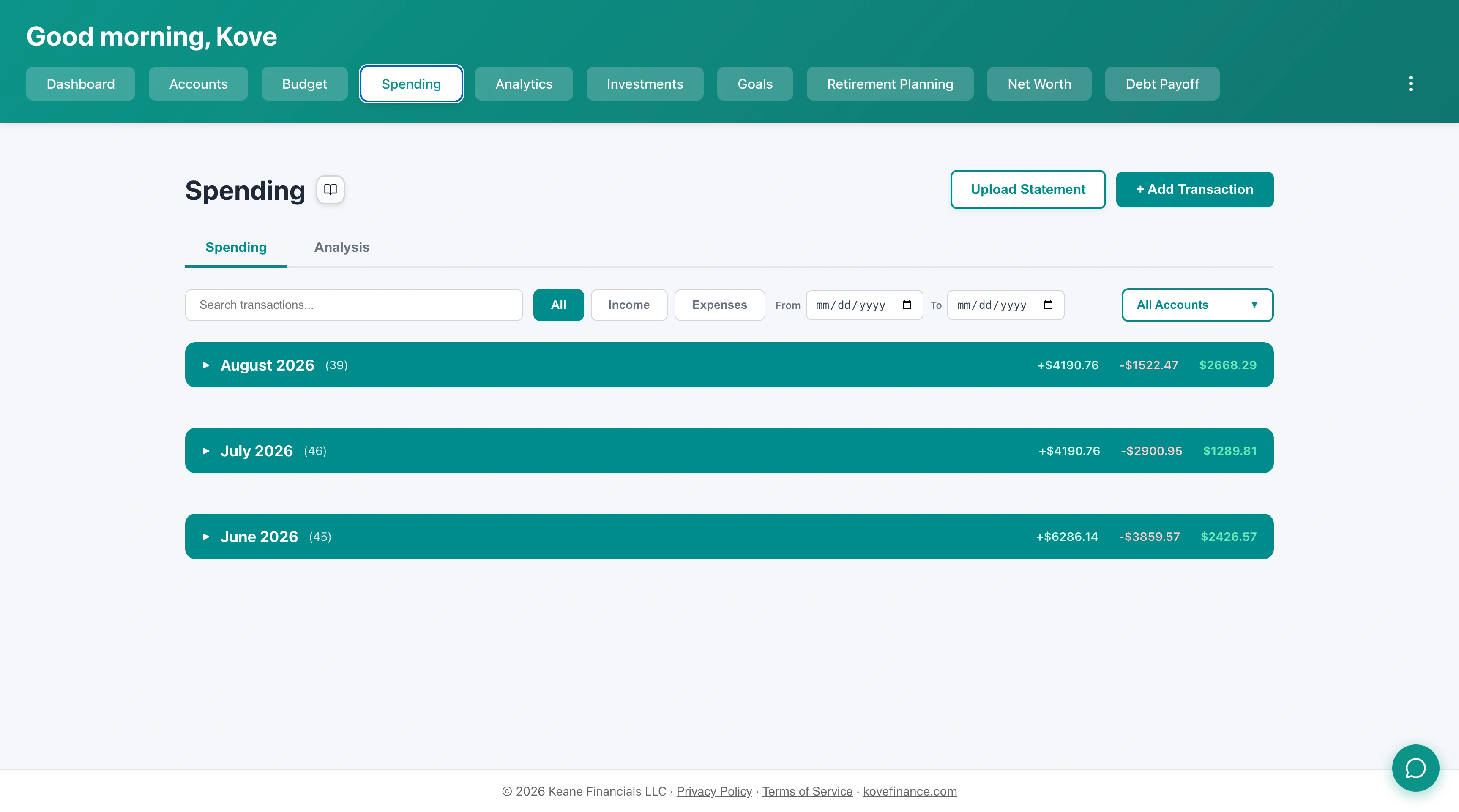 Kove transactions view showing categorized spending